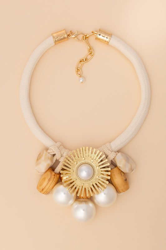 Nora Handmade Yarn Necklace with Pearl and Floral Sunburst