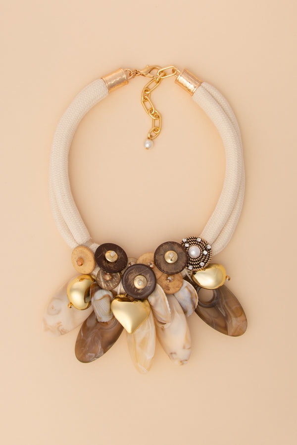 Sofia Geometric Necklace with Natural Wood Disc and Charms