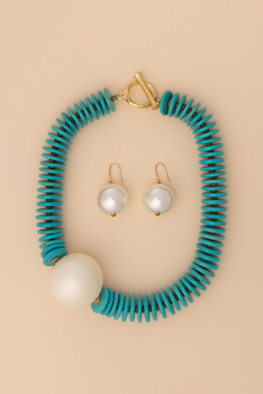 Stella Pearl Necklace Earring Set with Stacked Turquoise Disc Beads