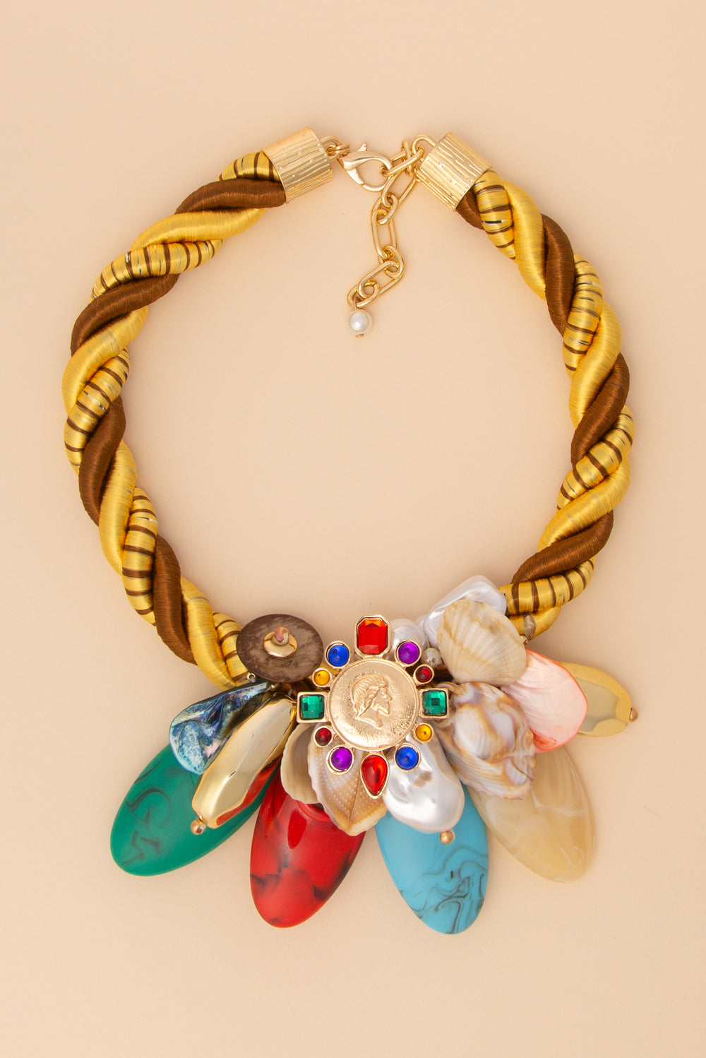 Rosie Geometric Necklace with Seashell and Marbled Disc and Charms