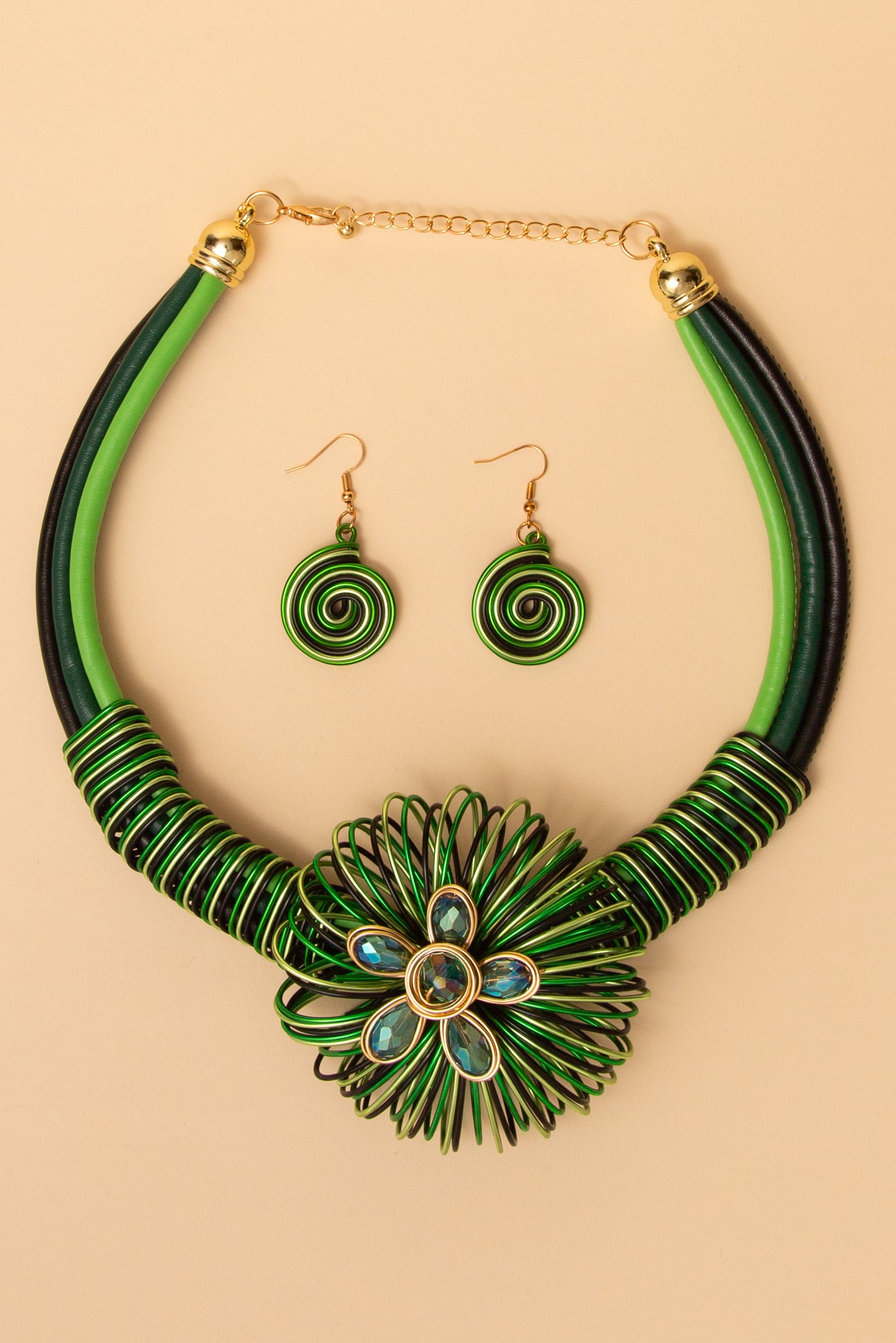 Aaliyah  Flower Wire Necklace and Earring Set with Spiral Accents | Green