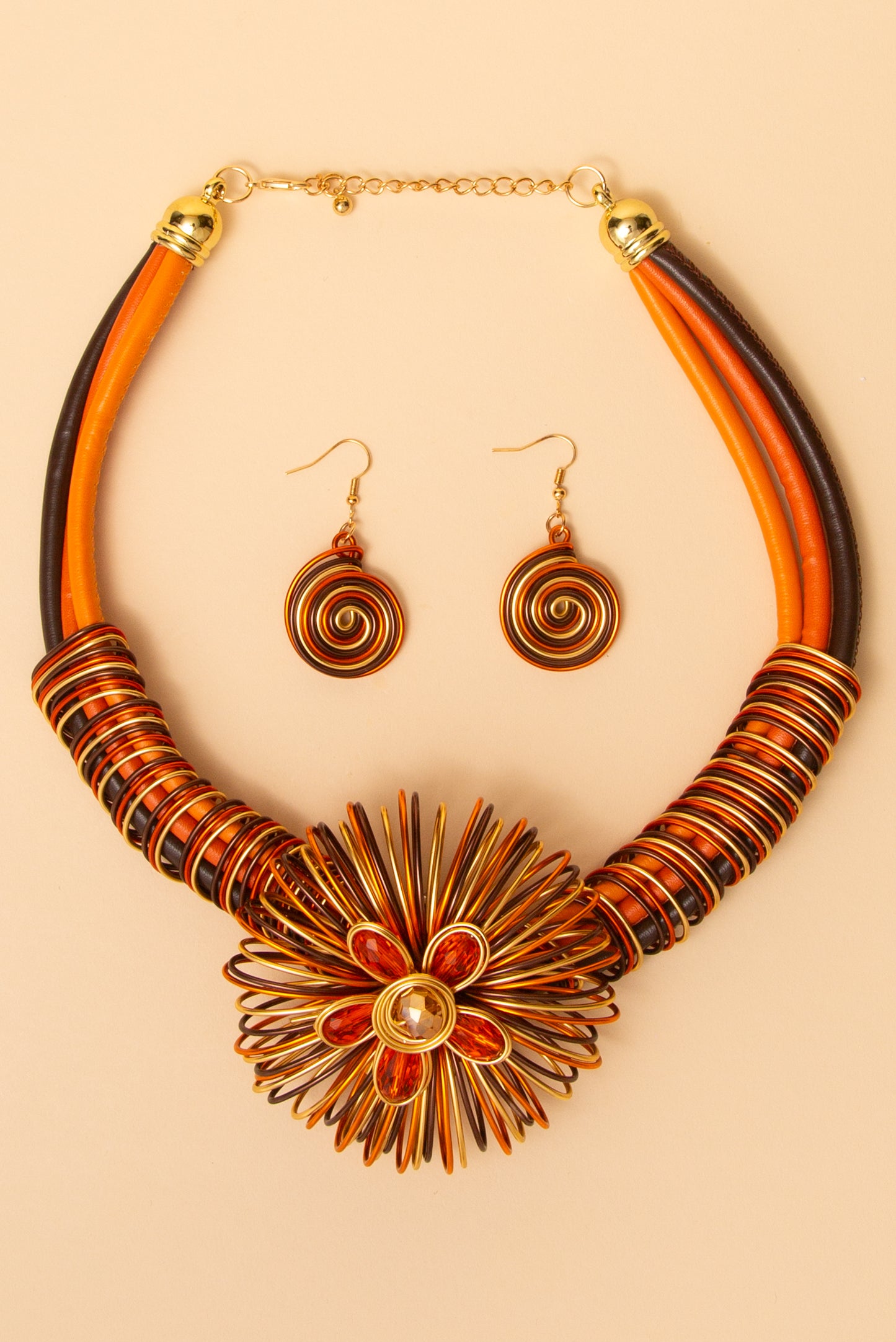 Aaliyah  Flower Wire Necklace and Earring Set with Spiral Accents | Orange