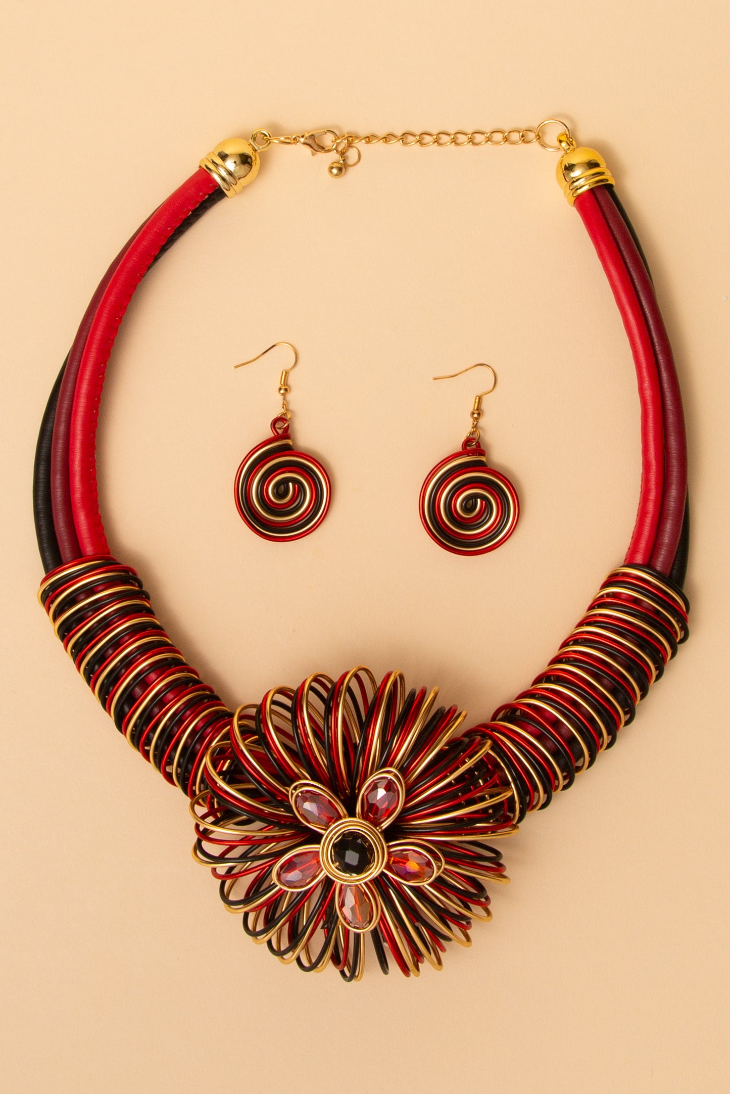 Aaliyah  Flower Wire Necklace and Earring Set with Spiral Accents | Red