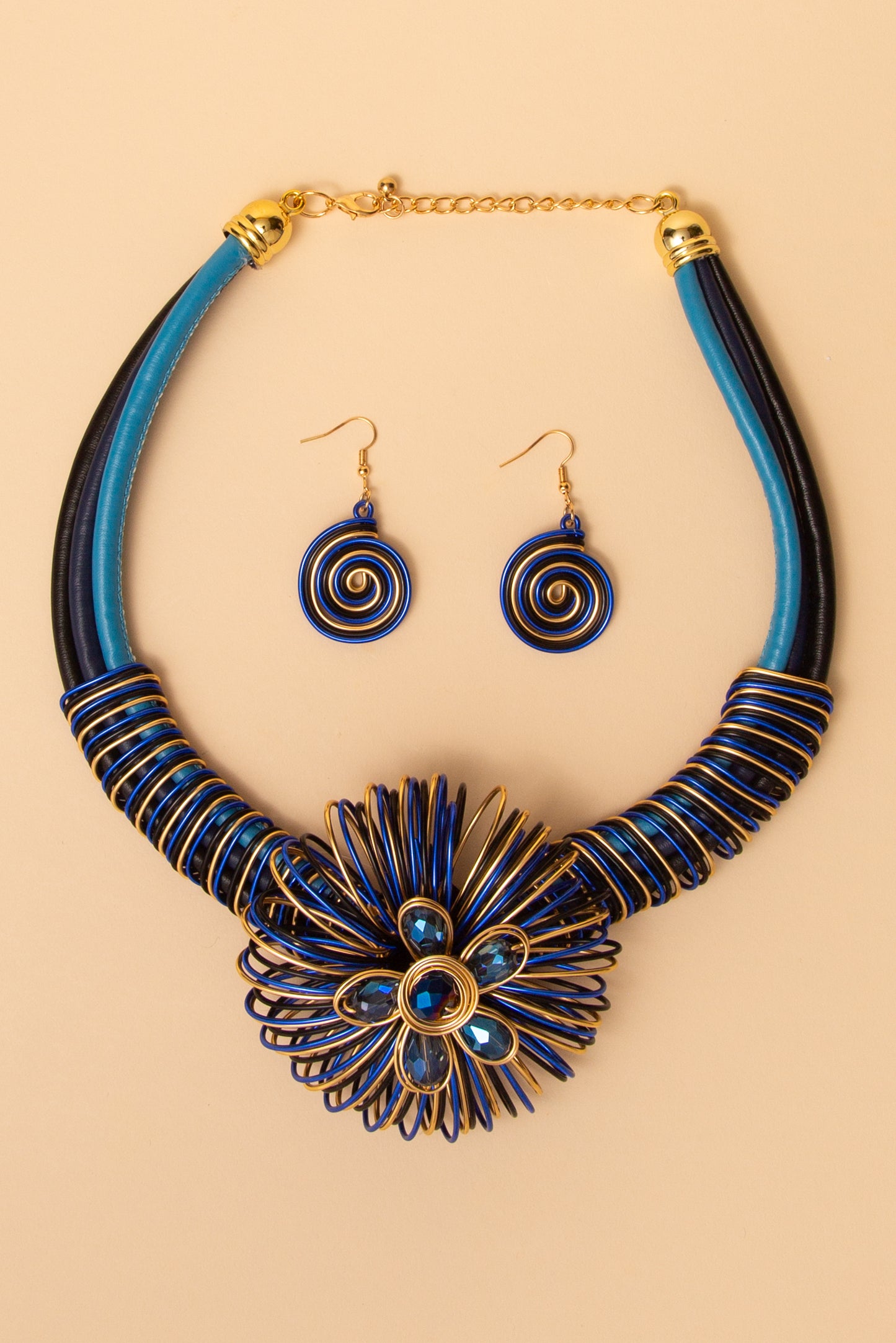 Aaliyah  Flower Wire Necklace and Earring Set with Spiral Accents | Blue