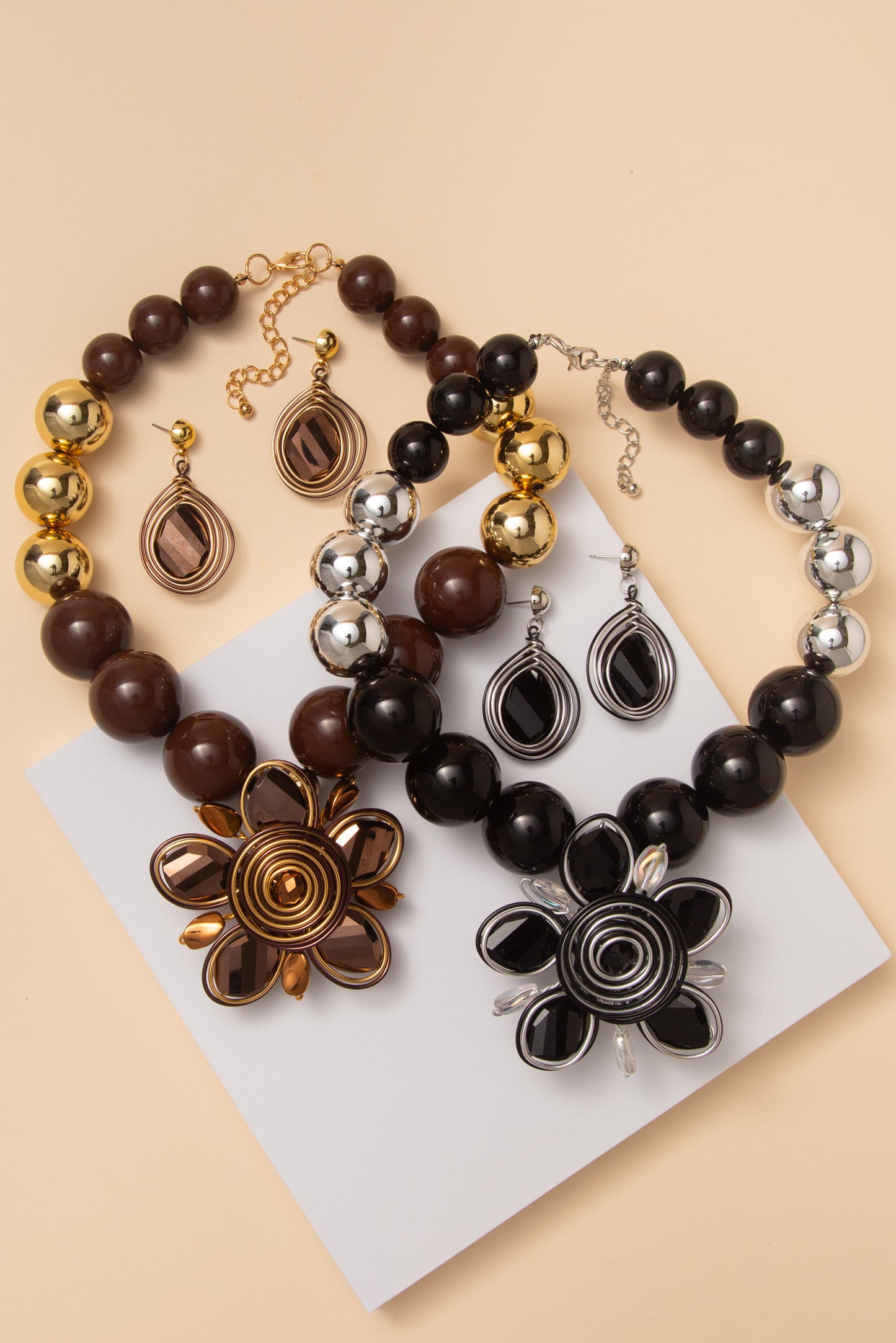 Karina Flower Pendant Ball Beaded Necklace Set with Crystal Earring