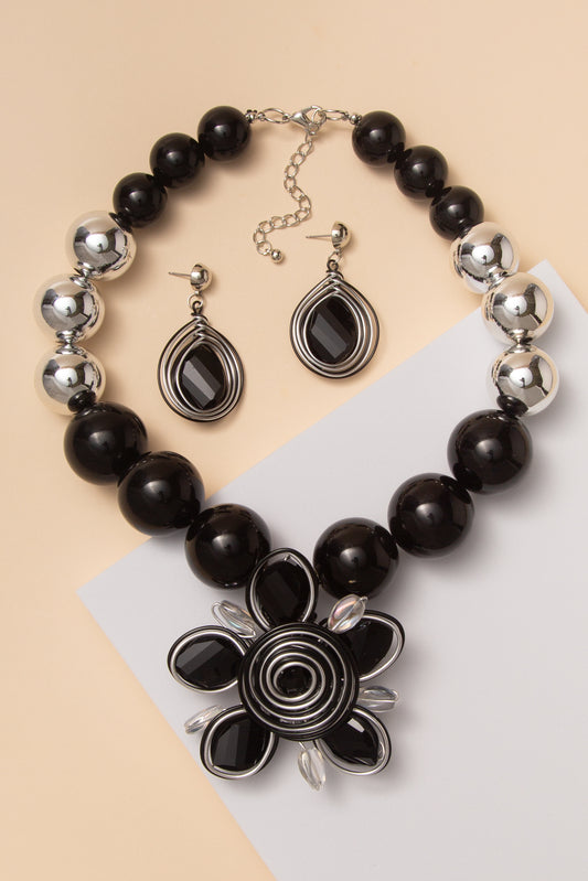 Karina Flower Pendant Ball Beaded Necklace Set with Crystal Earring | Black
