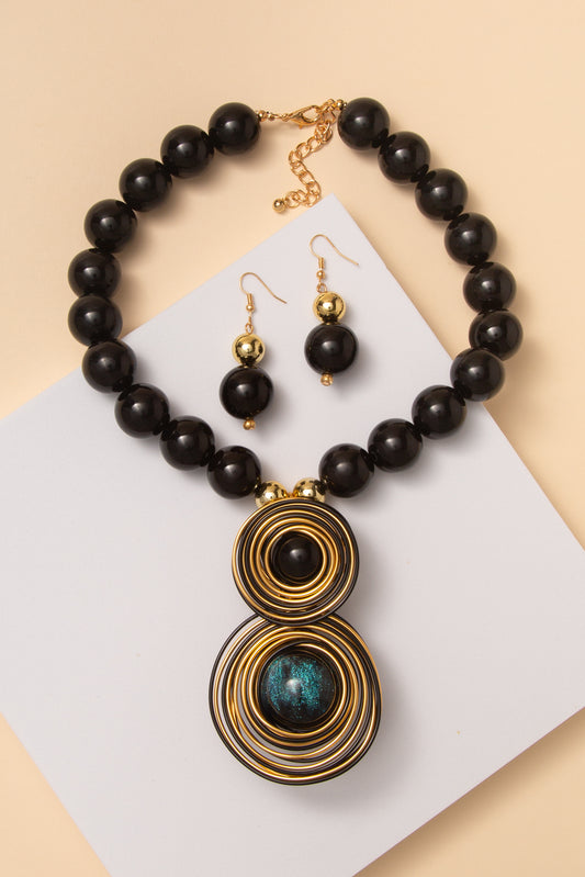 Paulina Statement Wire Ball Pendant Necklace & Earring Set | Black