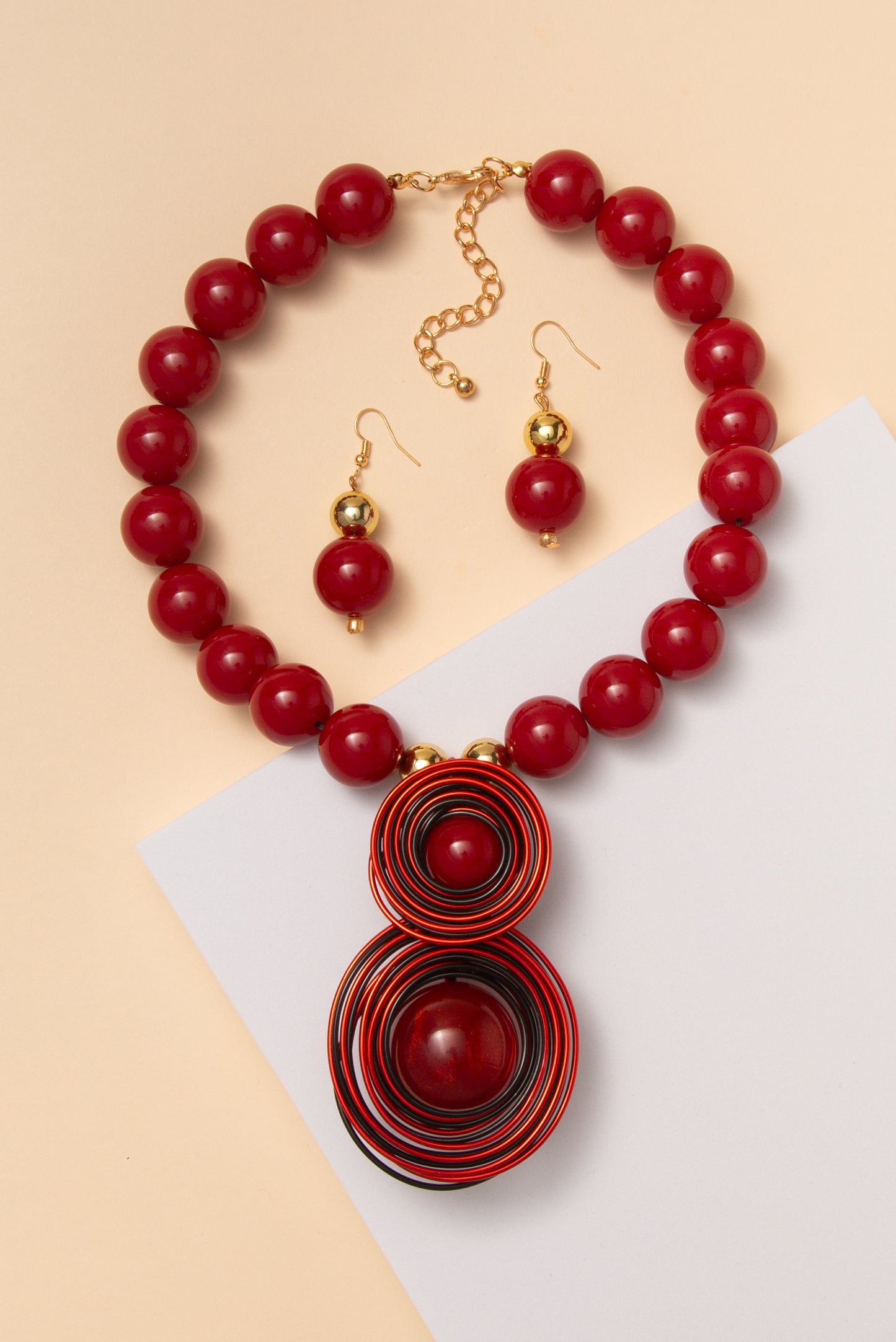 Paulina Statement Wire Ball Pendant Necklace & Earring Set | Red