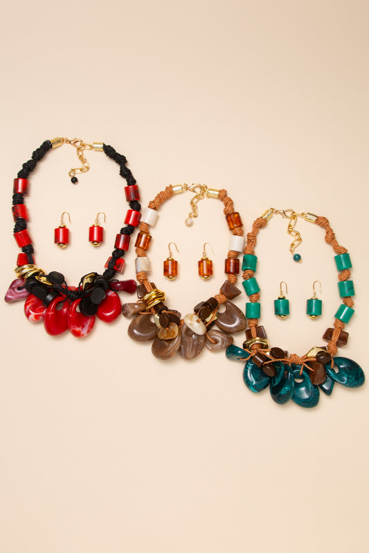 Kylie Marbled Stone Drop Cluster Necklace Earring Set
