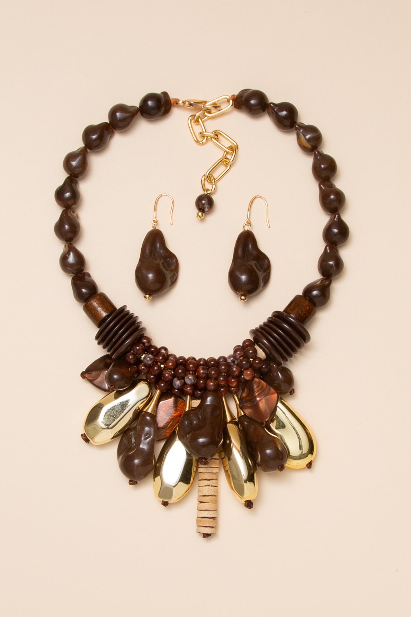 Zara Multi Strand Bead Necklace Earring Set | Brown