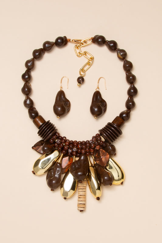 Zara Multi Strand Bead Necklace Earring Set | Brown