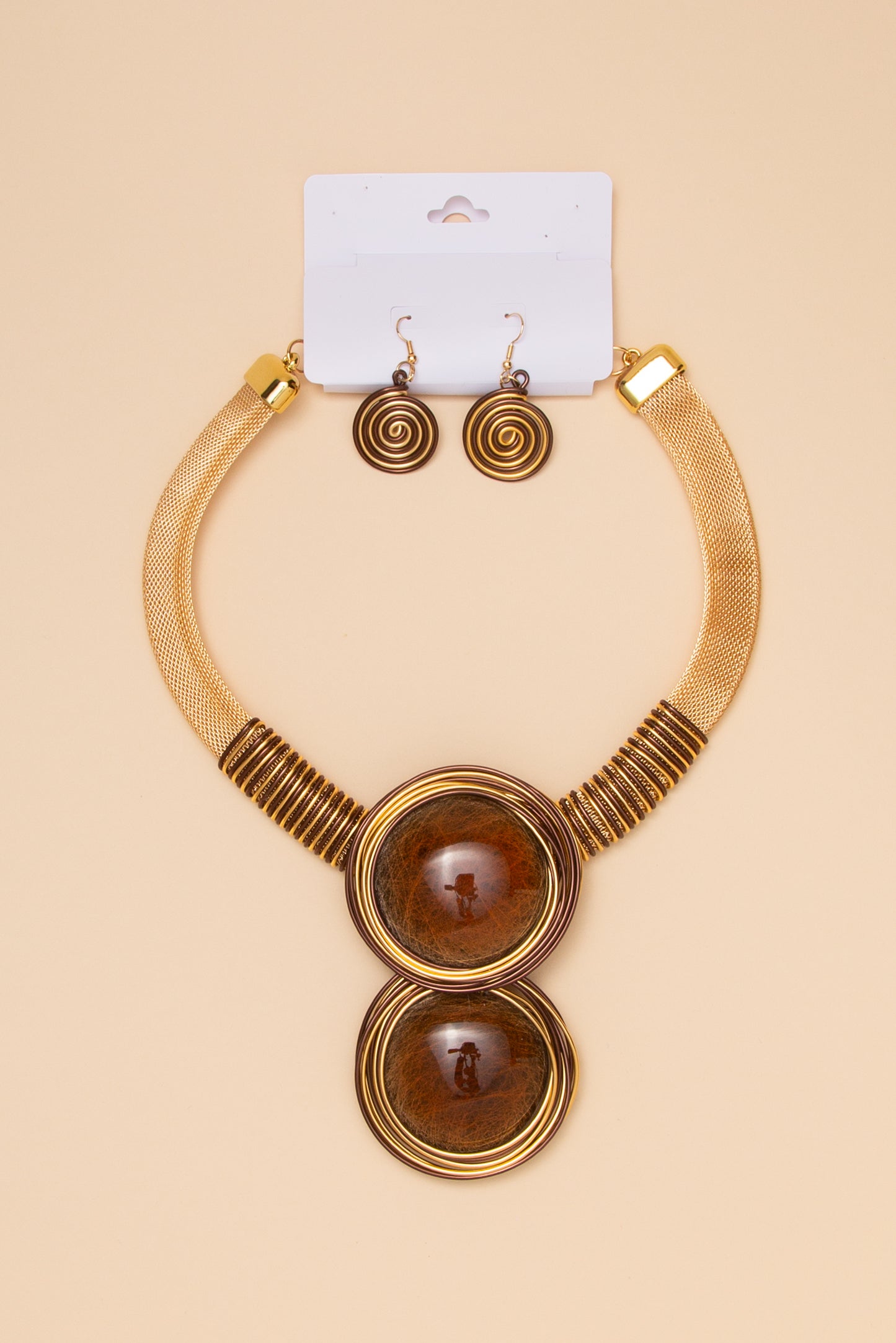 Melody Two Stone Wire Necklace and Earring Set | Brown