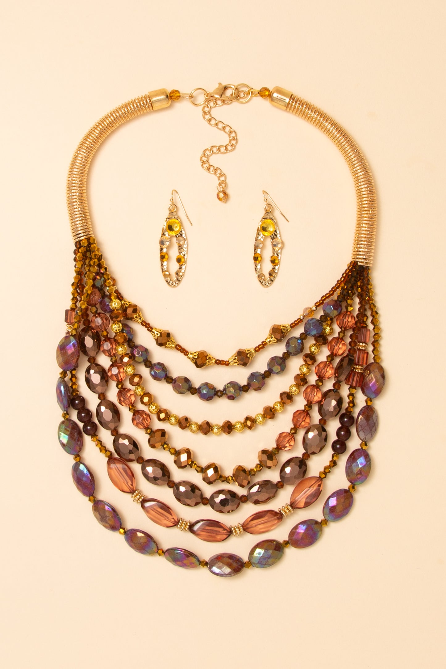 Annie Multicolor Multi Layered Crystal Bead Necklace Earring Set | Brown