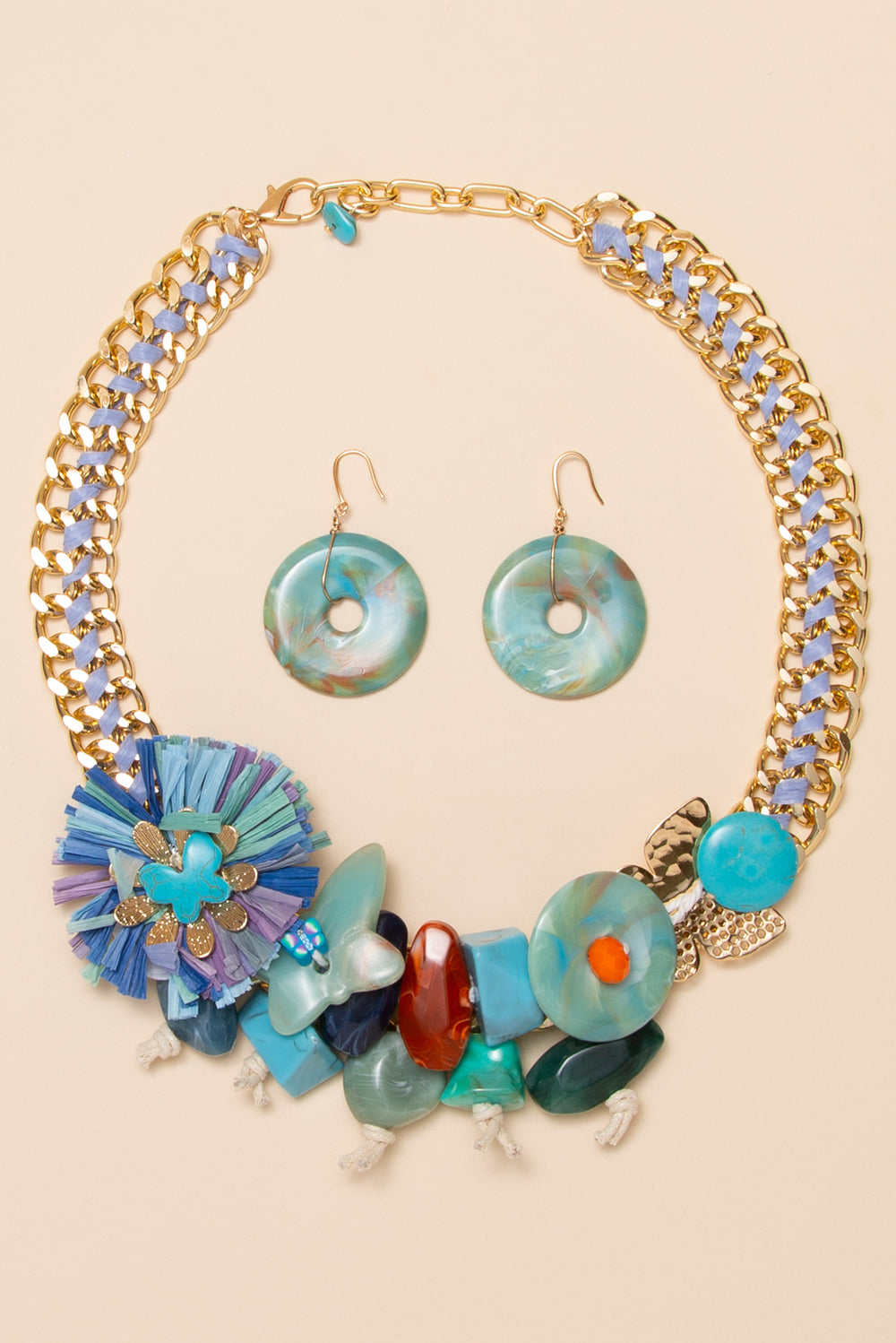 Hannah Gold Tone Chain with Crocheted Flower and Bead Necklace Set