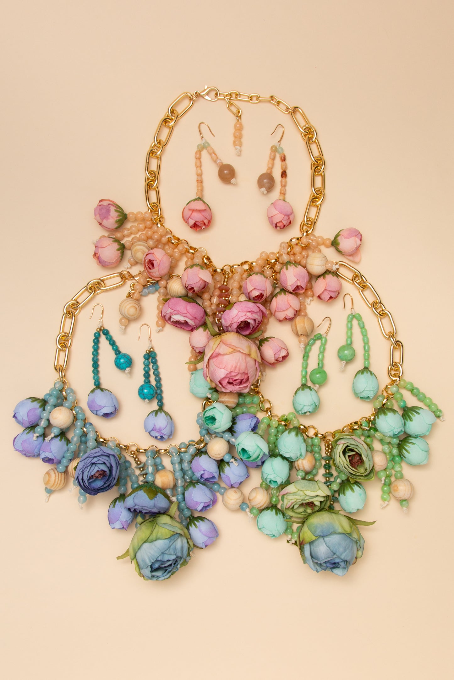 Audrey Floral Cluster Rose Bud Chain Necklace Earring Set