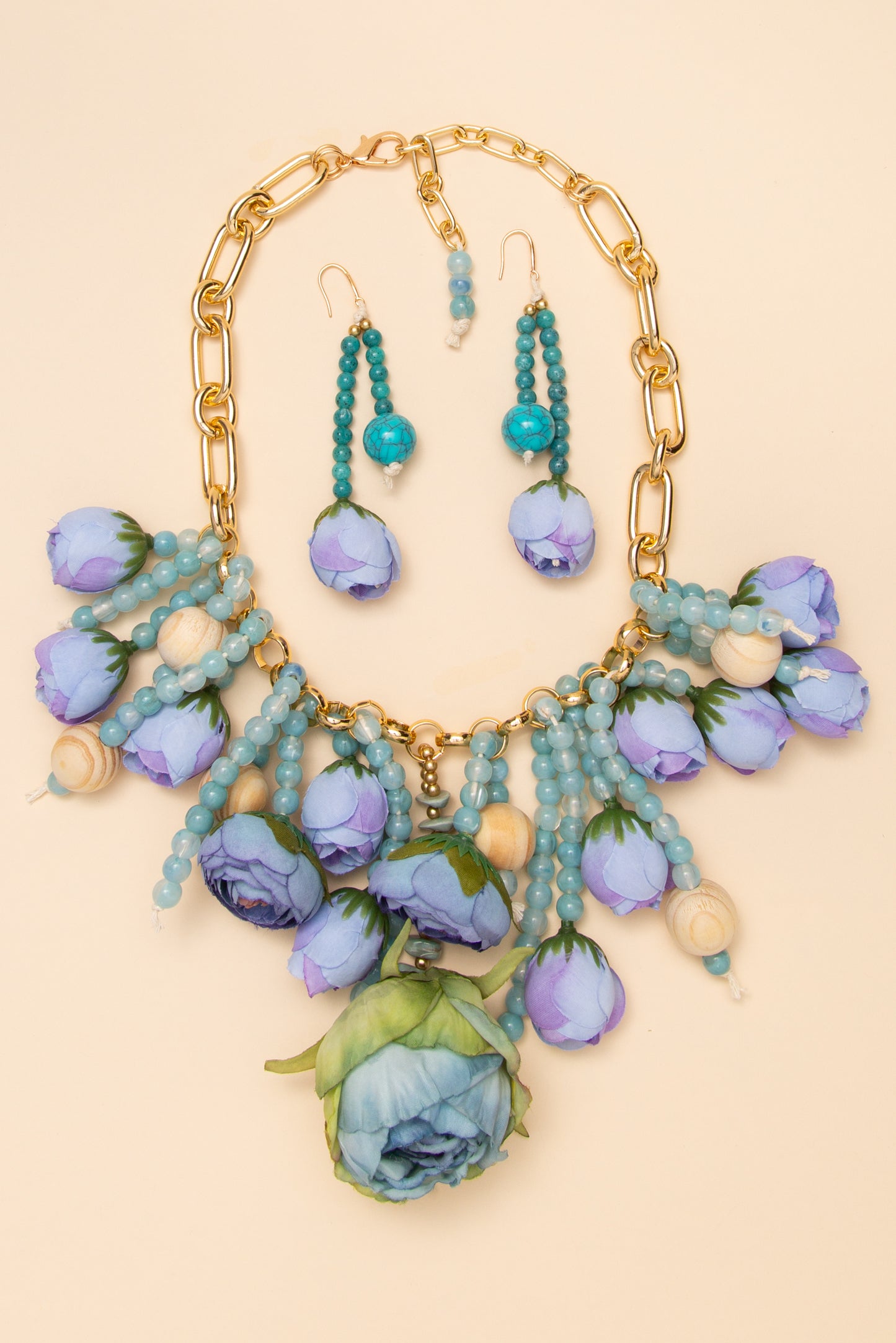 Audrey Floral Cluster Rose Bud Chain Necklace Earring Set | Lavender 