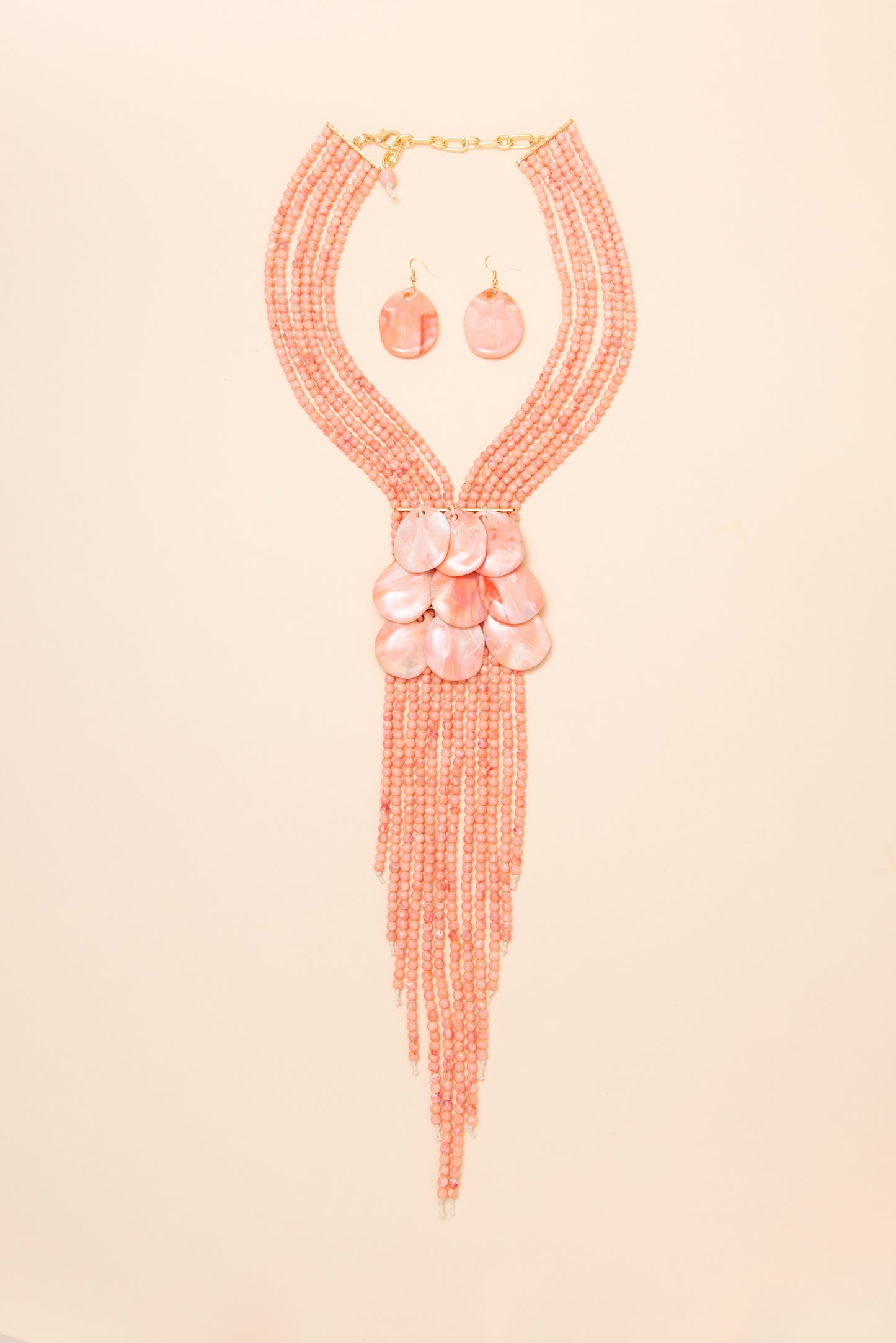 Maria Pearl Fringe Drape Necklace Earring Set | Coral