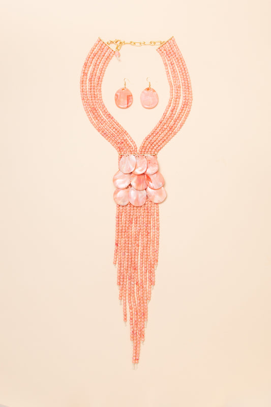 Maria Pearl Fringe Drape Necklace Earring Set | Coral