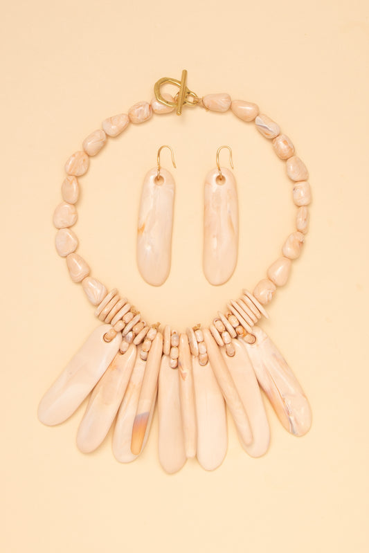 Juliette Long Drop Marble Bead Necklace Earring Set | Beige