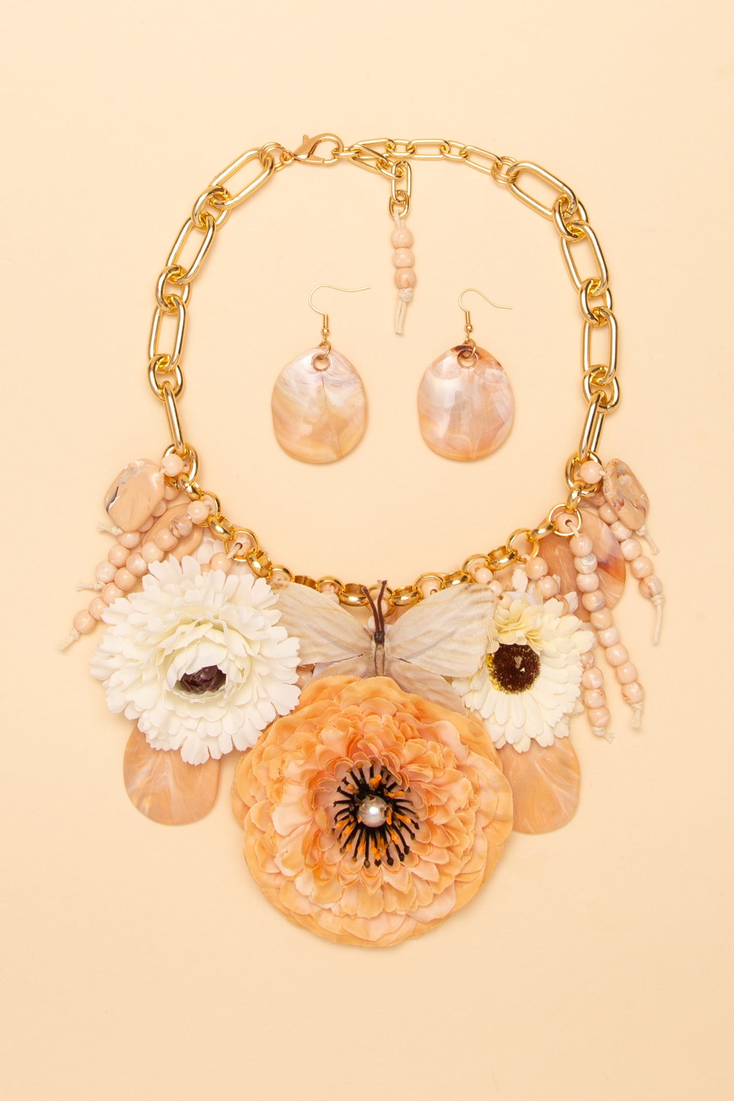 Valerie Floral Butterfly Marbled Stone Necklace Earring Set | Ivory 