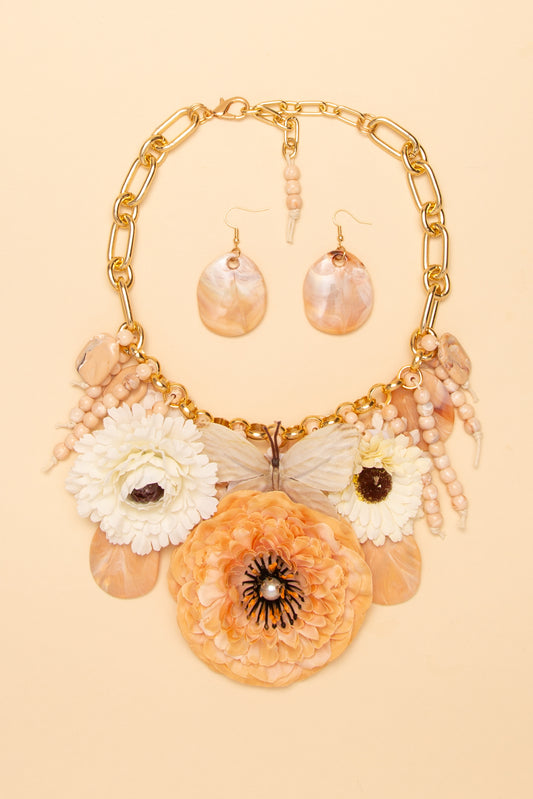 Valerie Floral Butterfly Marbled Stone Necklace Earring Set | Ivory 