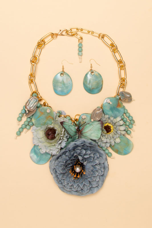 Valerie Floral Butterfly Marbled Stone Necklace Earring Set | Turquoise