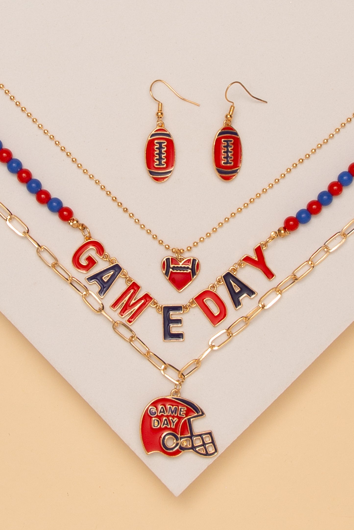 Celeste Game Day Football Heart Necklace Earring Set | Red Blue