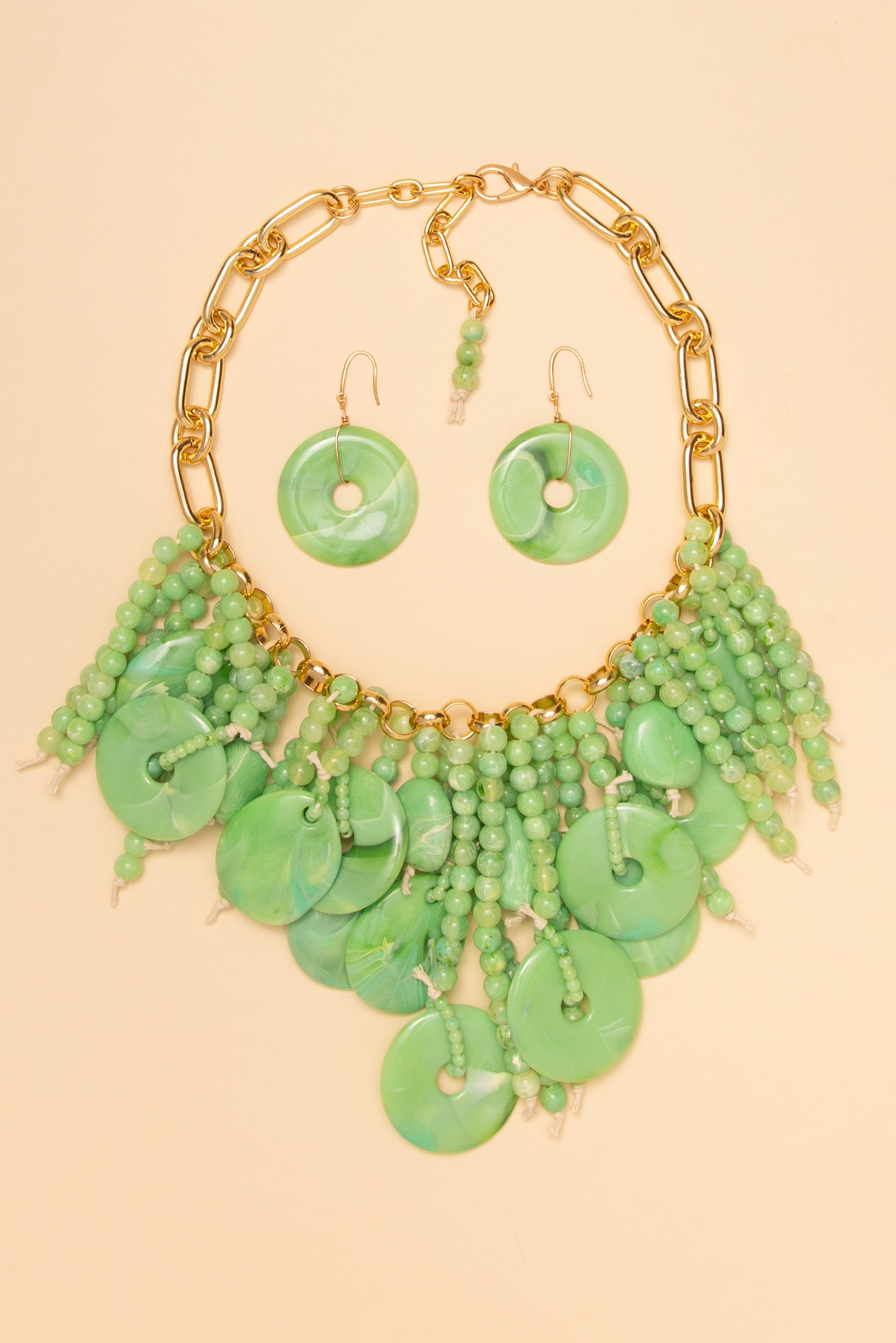 Ana Marbled Shell Disc Beaded Necklace Earring Set | Mint 