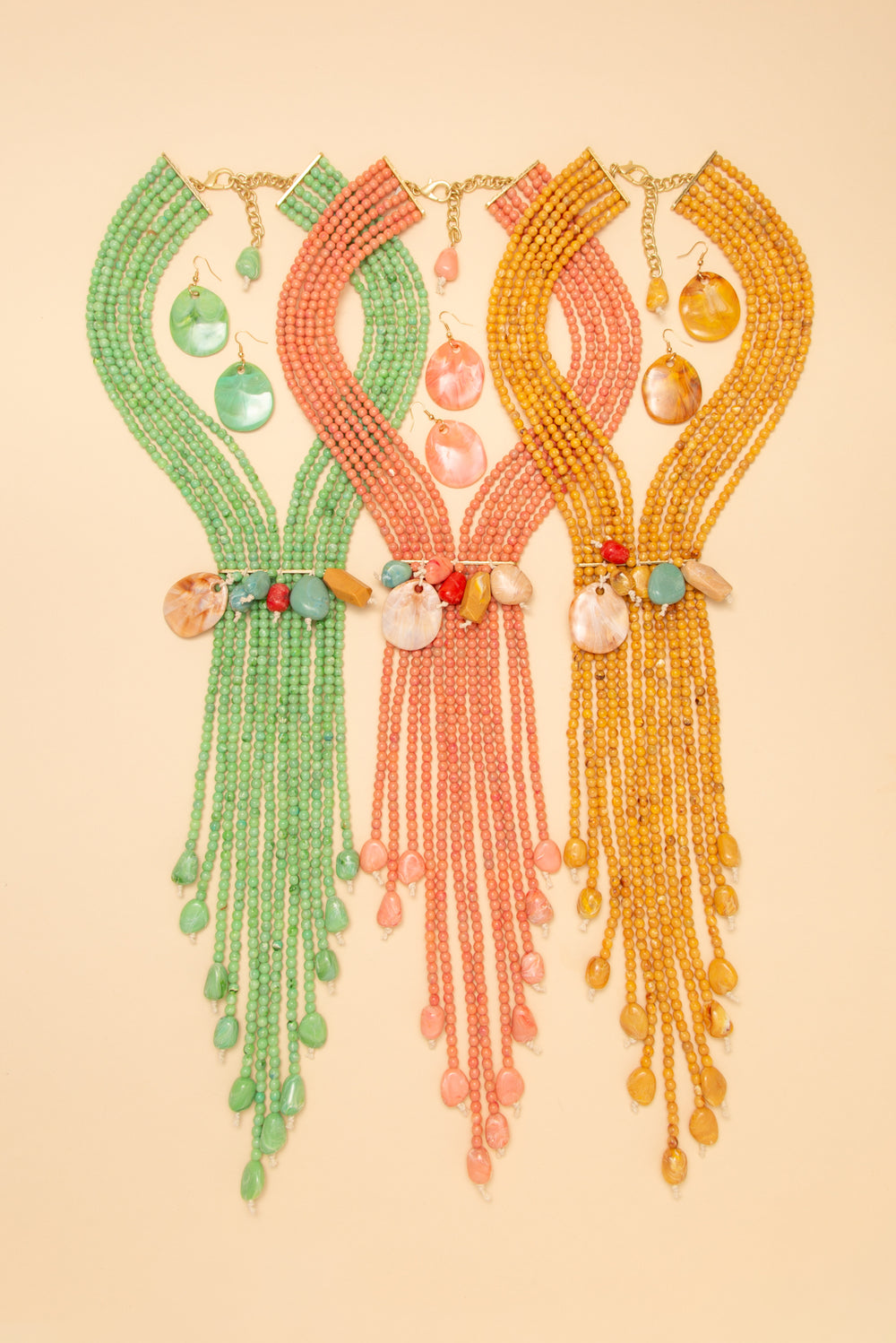 Juliet Multi Strand Shell Stone Beaded Fringe Necklace Earring Set