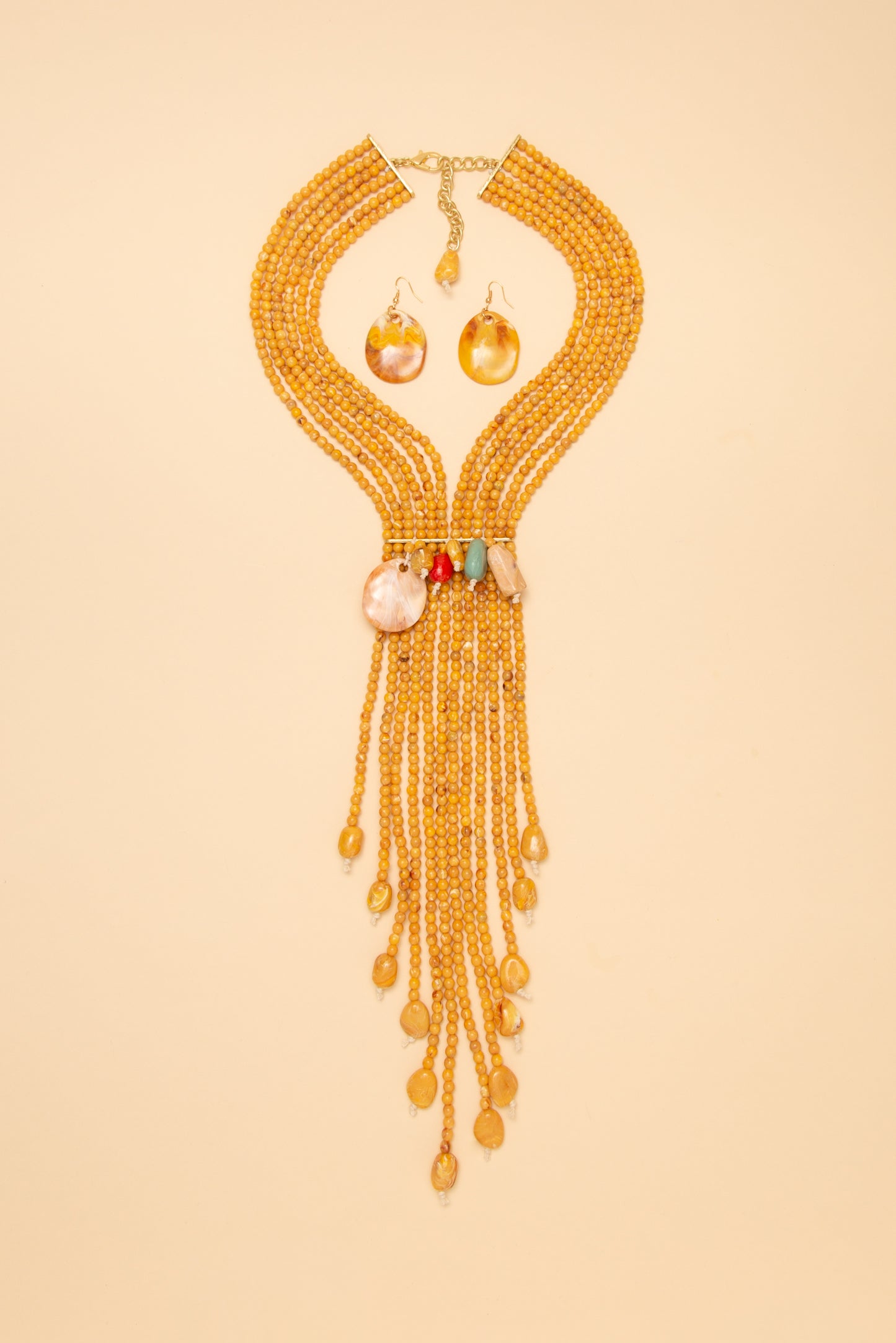 Juliet Multi Strand Shell Stone Beaded Fringe Necklace Earring Set | Copper