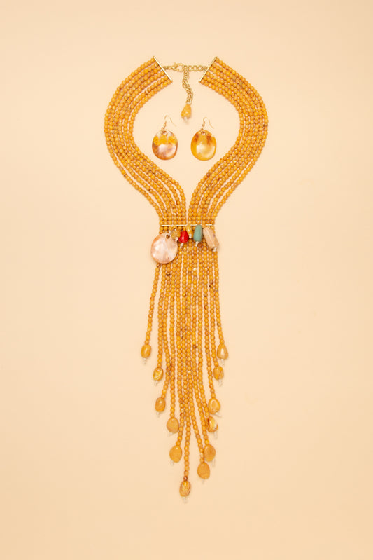 Juliet Multi Strand Shell Stone Beaded Fringe Necklace Earring Set | Copper