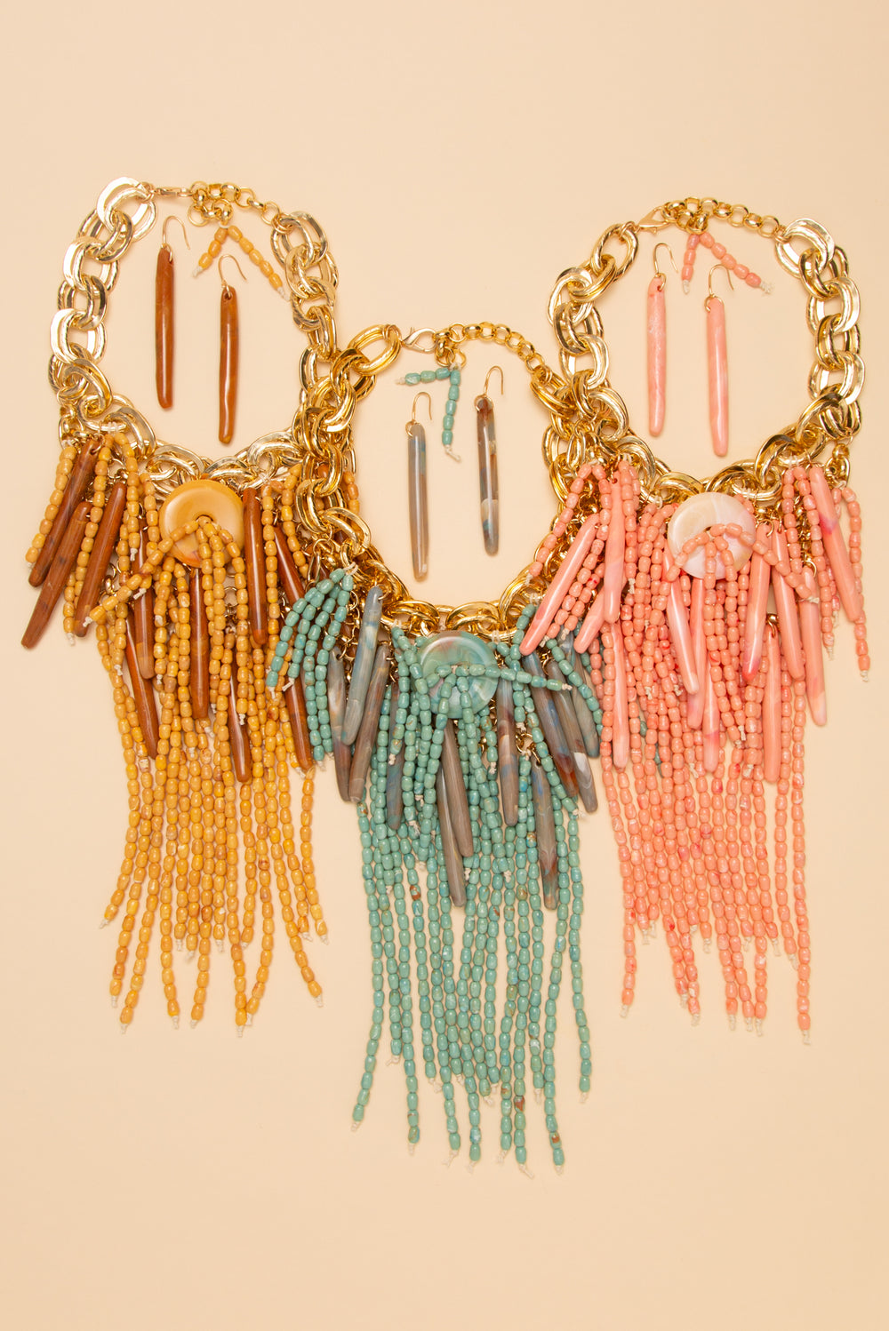 Rosie Long Cylinder Marbled Bead Fringe Necklace Set