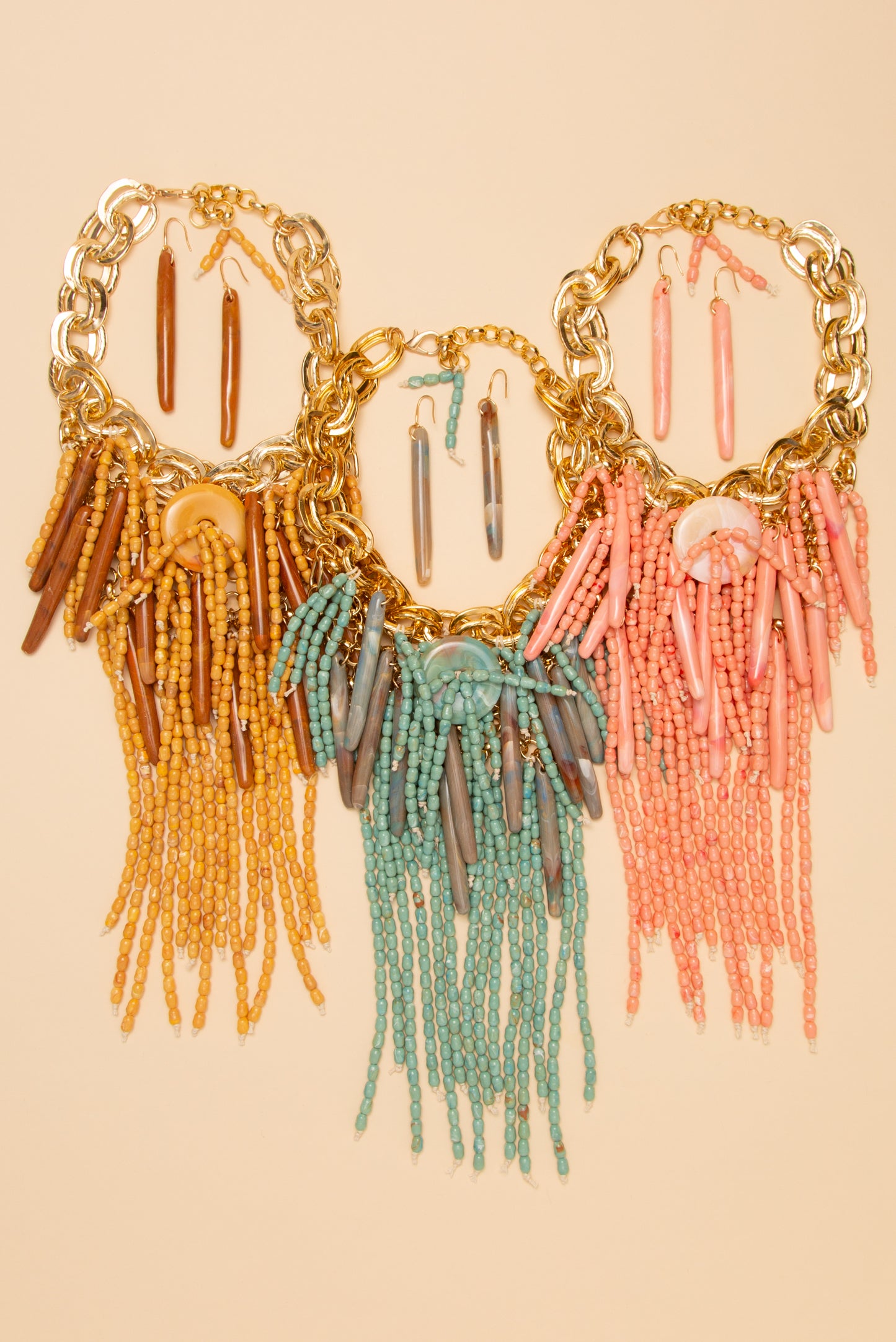 Rosie Long Cylinder Marbled Bead Fringe Necklace Set