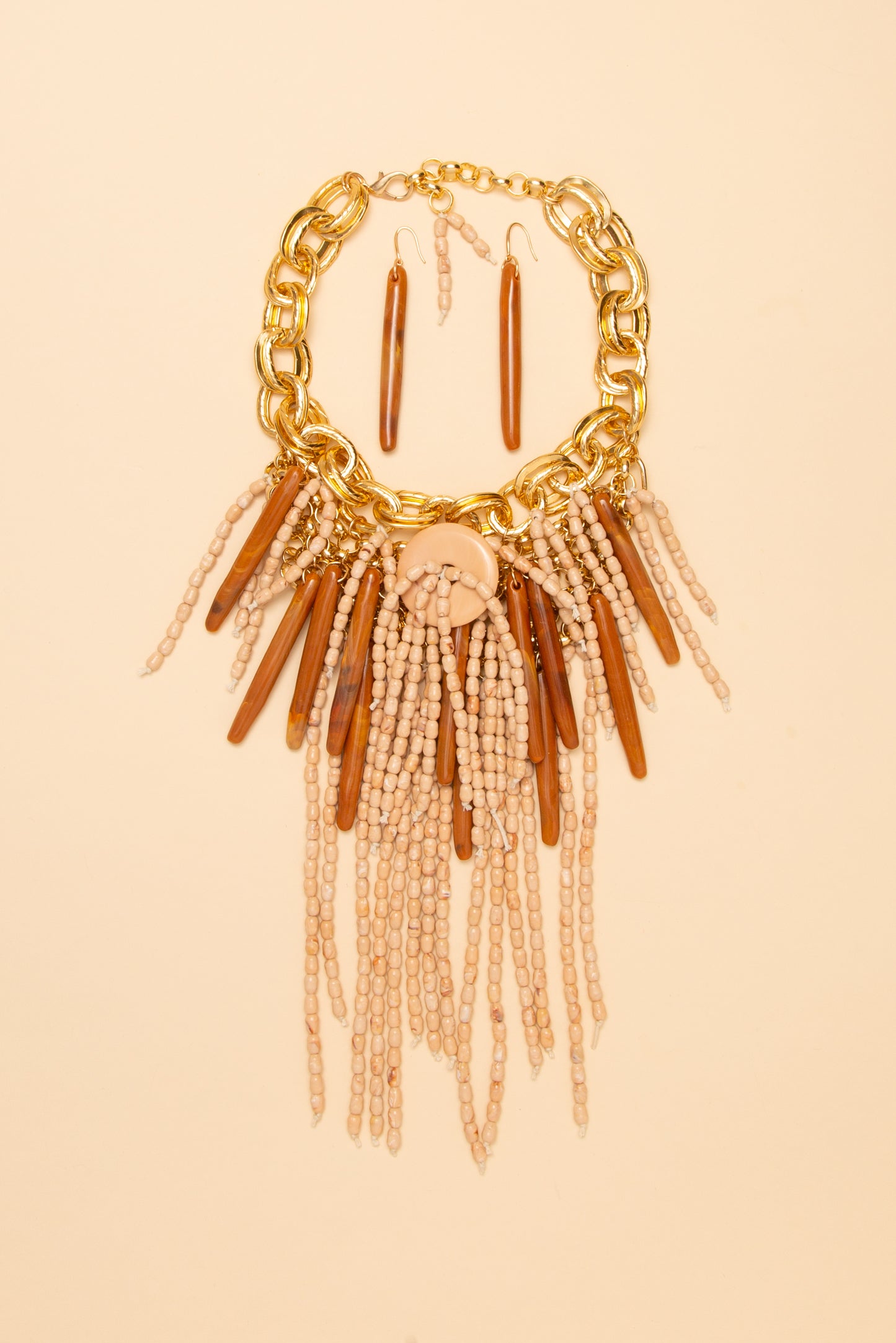 Rosie Long Cylinder Marbled Bead Fringe Necklace Set | Beige