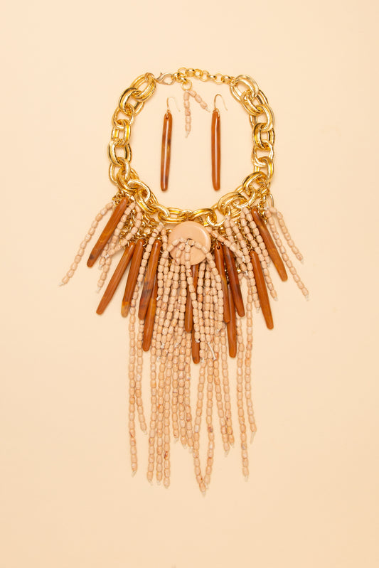Rosie Long Cylinder Marbled Bead Fringe Necklace Set | Beige