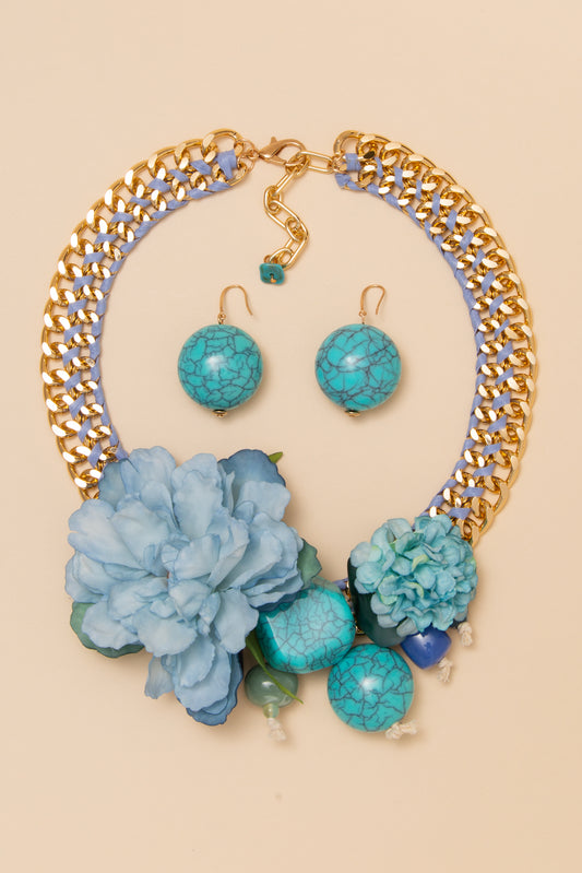 Hannah  Flower Bead And Woven Curb Chain Necklace Earring Set