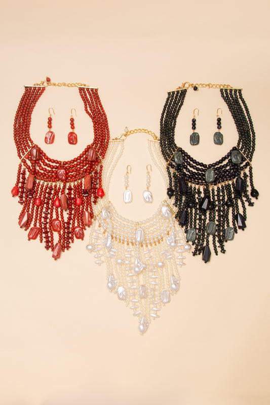 Lydia Multi Strand Beaded Fringe Necklace Earring Set