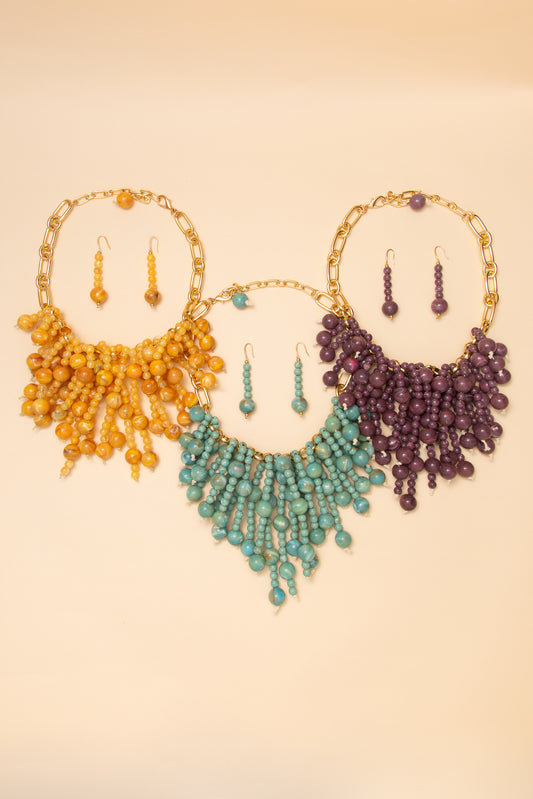 Eliza Beaded Cluster Tassel Necklace Earring Set