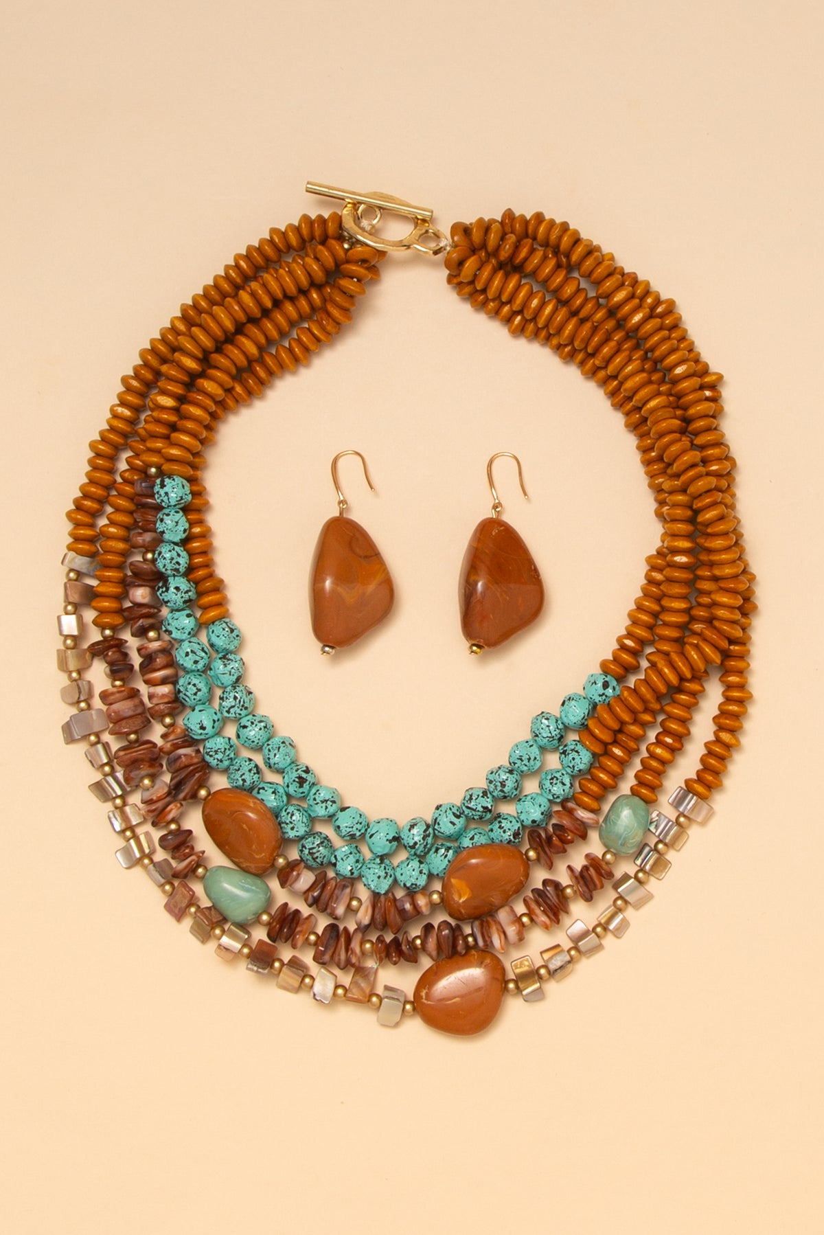 Alice Multi Strand Earth Tone Mixed Bead Necklace Earring Set