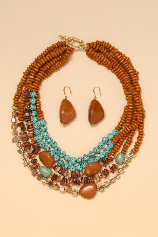 Alice Multi Strand Earth Tone Mixed Bead Necklace Earring Set