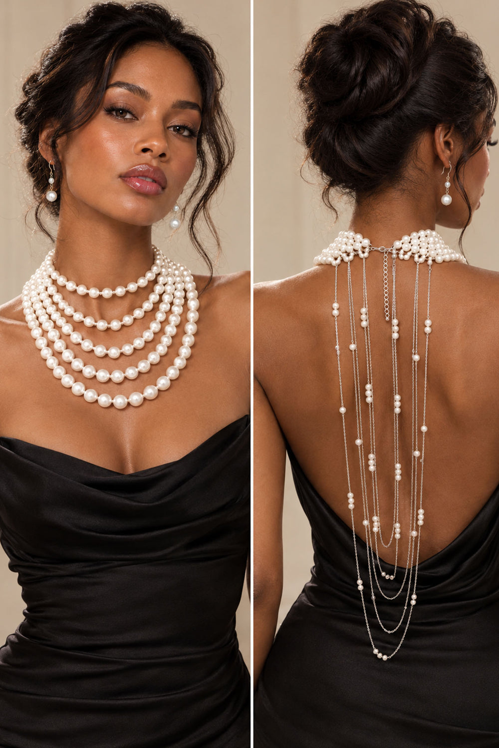 Lori Multi Layer Front Pearl Necklace With Drapey Back Chain