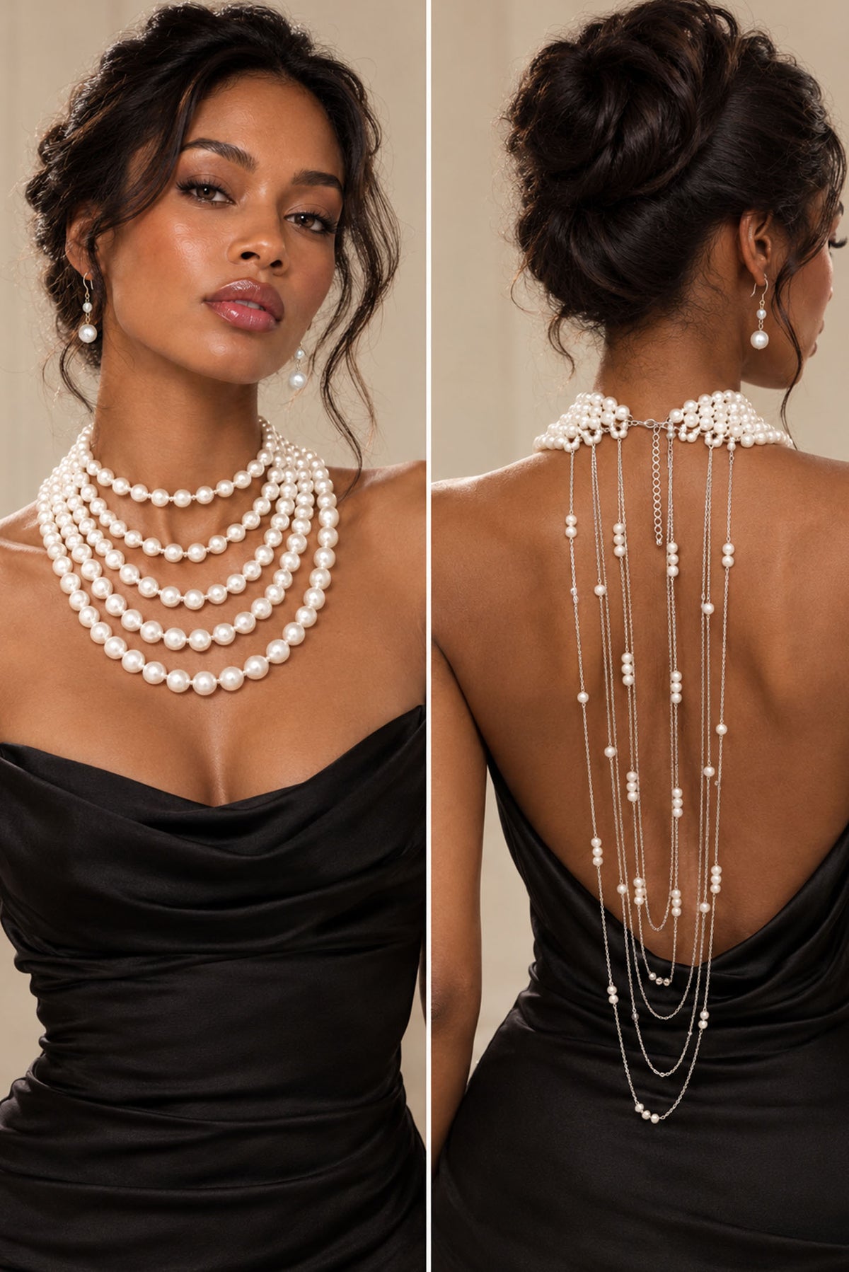 Lori Multi Layer Front Pearl Necklace With Drapey Back Chain