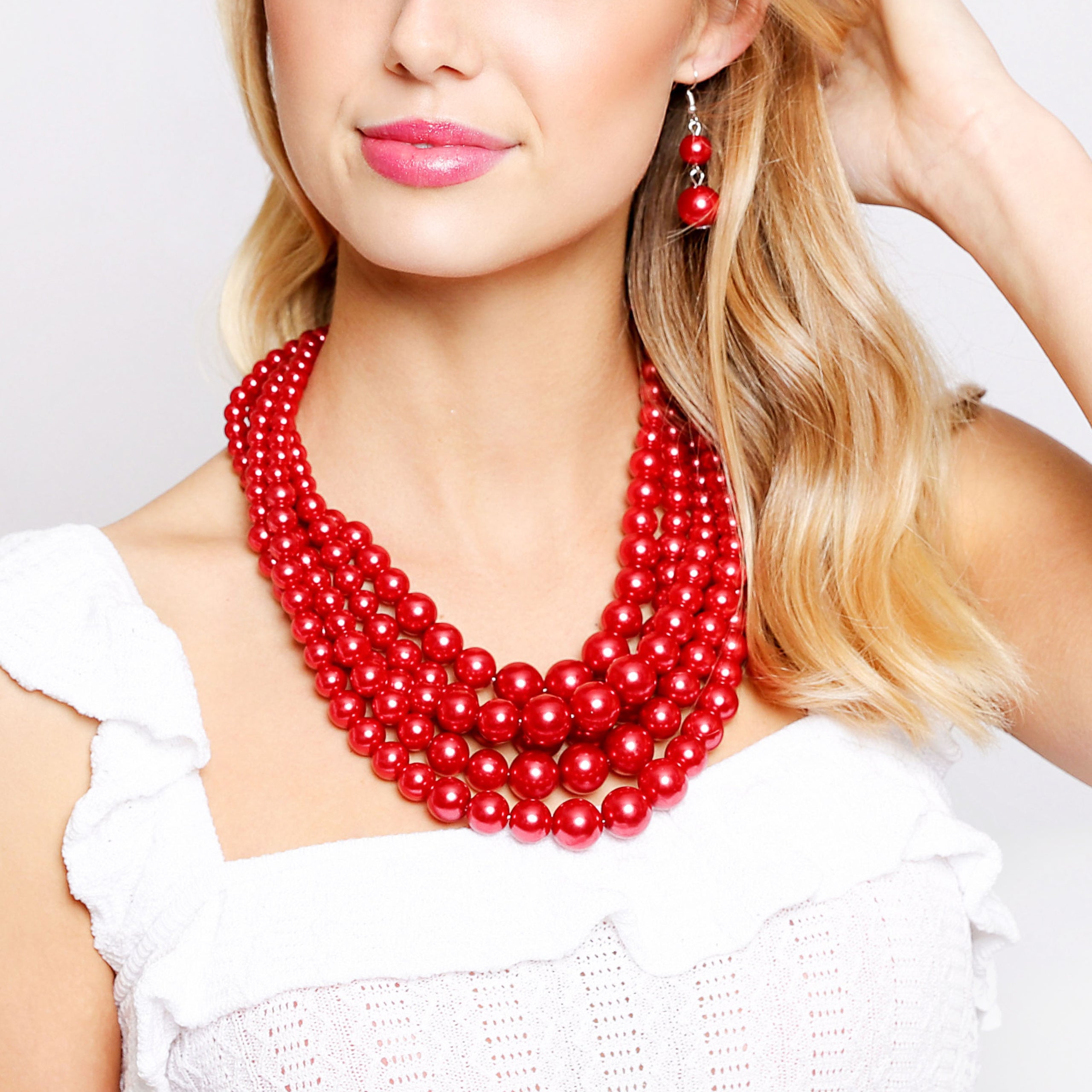 Elsie 5-Strand Pearl Necklace & Earring Set | Metallic Red