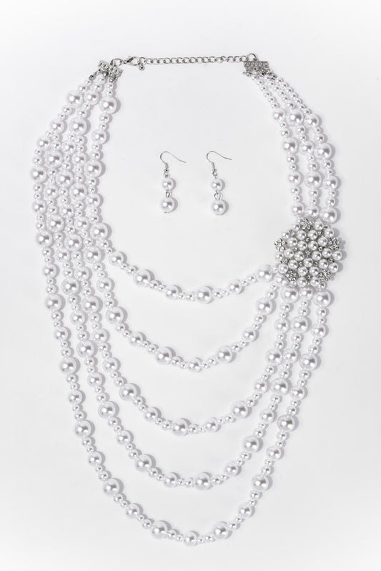Summer Elegant Statement Pearl Necklace Set - Silver