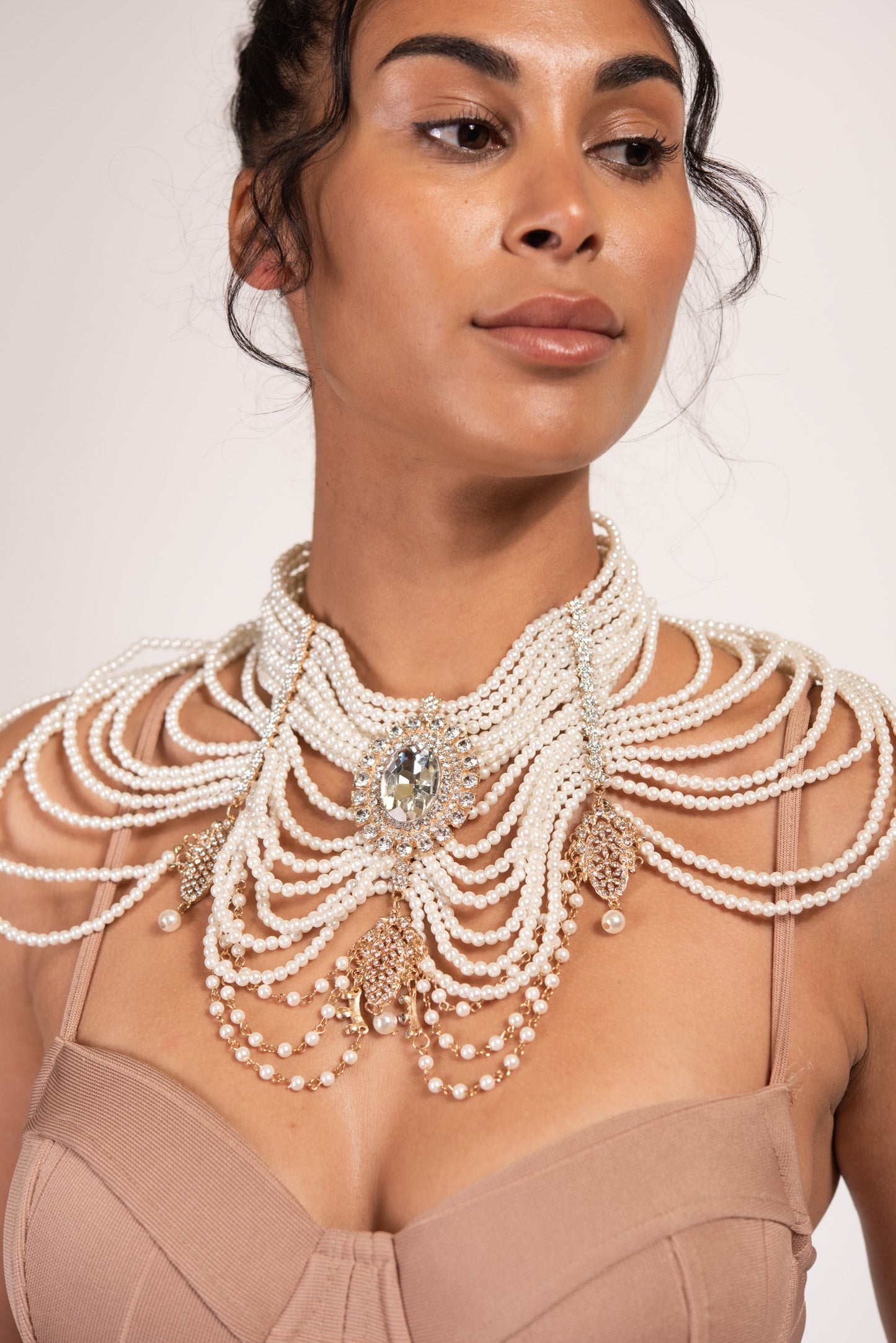 Adeline Pearl & Rhinestone Bib Necklace & Earring Set