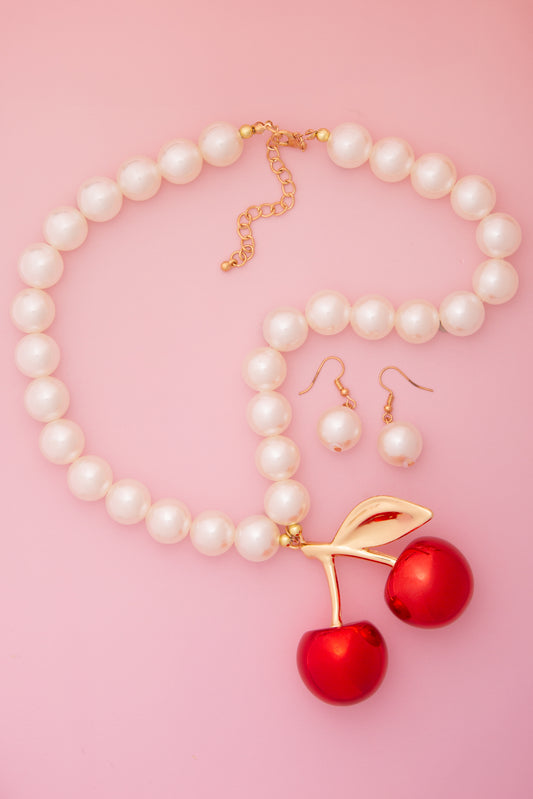Winnie Red Glossy Cherry Pendant Pearl Necklace and Earring Set