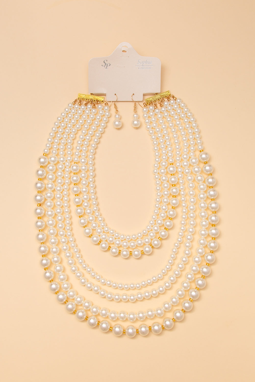 Gianna Multi Layer Pearl Champagne Necklace Earring Set