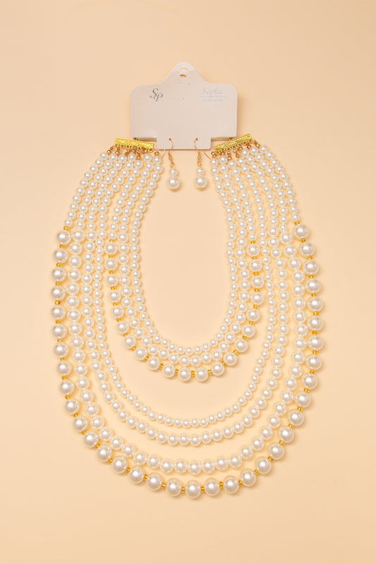 Gianna Multi Layer Pearl Champagne Necklace Earring Set
