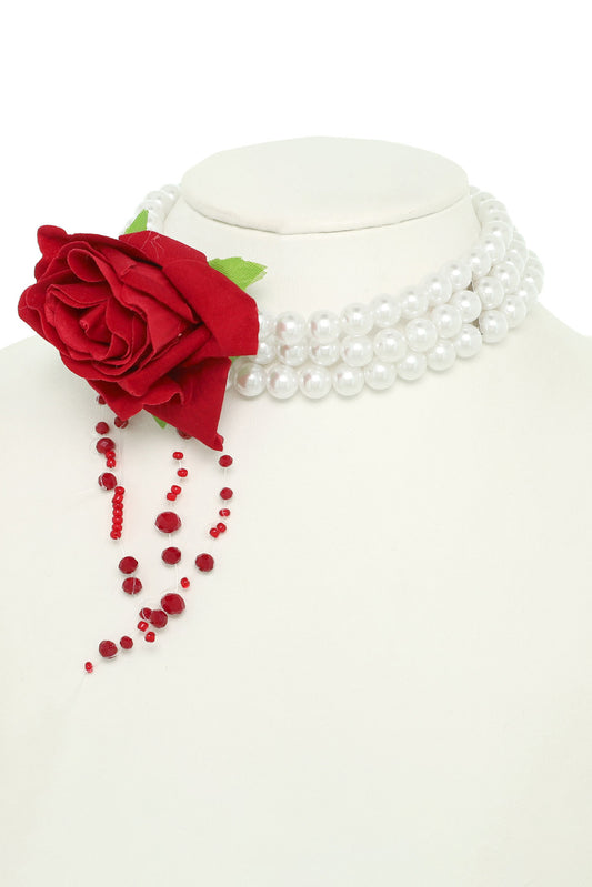 Ruthie Multi Strand Pearl Choker Necklace with Fabric Rose