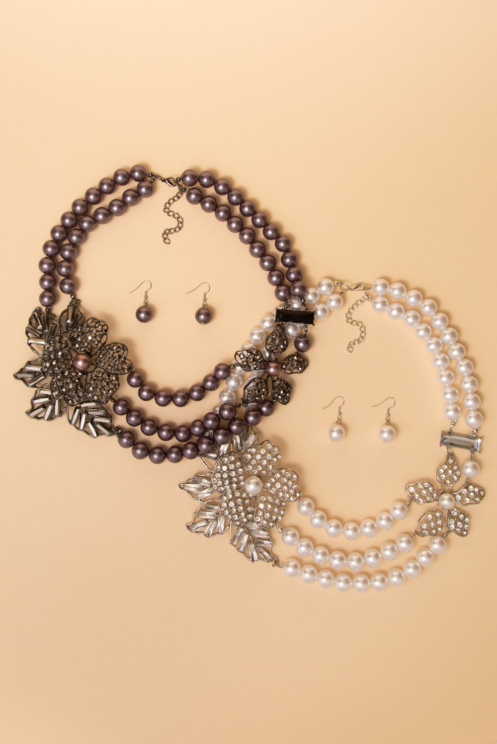 Anna Dual Strand Rhinestone Flower Pearl Necklace and Earring Set